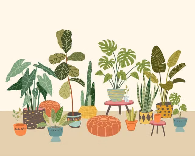 Origin Murals Houseplant Pots Floral Wall Mural in Yellow and Multicolour Boho Style