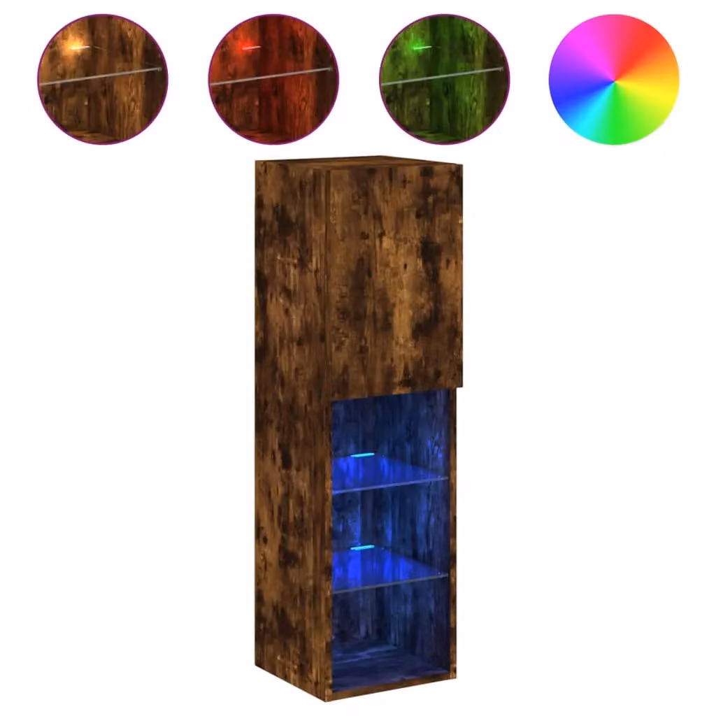 Berkfield Home Modern Wall Mounted TV Cabinet with Integrated LED Lights and Glass Doors in Smoked Oak Brown, W/D/H: 30.5 x 30.0 x 102.0 cm – 2