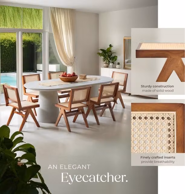 TECTAKE Mid-Century Dining Chair with Rattan Backrest and Solid Oak Wood Frame in Brown, Height: 83 cm