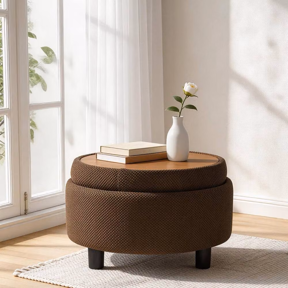 Rolipo Round Storage Ottoman and Coffee Table with Tray in Brown Nubby Fabric Upholstery – 6