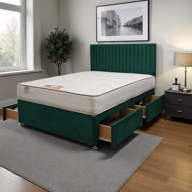Knight Sleep Emily Plush Bed Set with Hybrid Mattress, 4 Drawers and 24 inch Headboard in Emerald Green, W/D/H: 180 x 200 cm