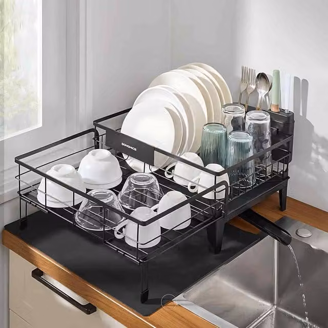 The Bazaarist Expandable Dish Drying Rack with Rotating Spout and Cutlery Holder, Black