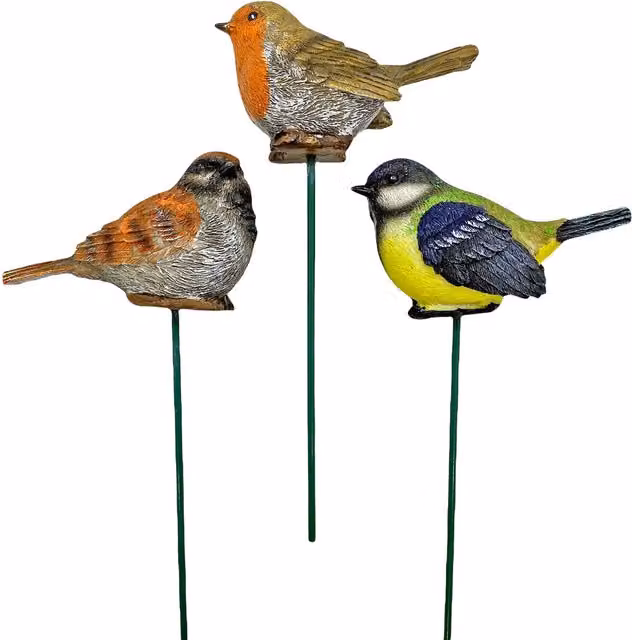 Farmwood 3 Garden Birds on Sticks Outdoor Ornaments in Green and Multicolour
