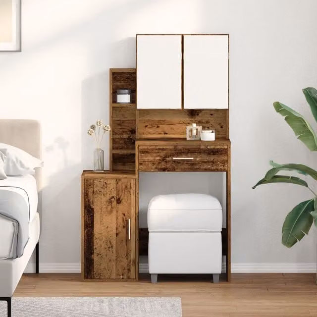 Berkfield Home Hollywood LED Dressing Table with Mirror in Brown Rustic Old Wood – 1