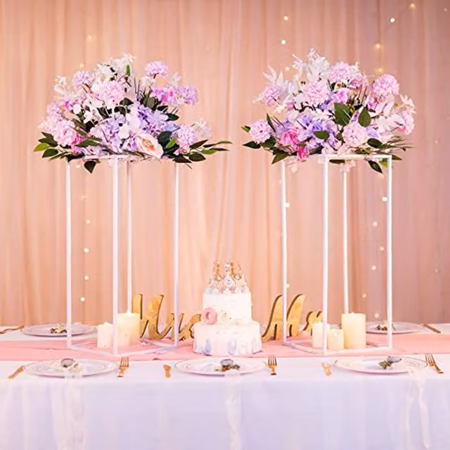 Livingandhome Glamour Golden Flower Stand, White Metal Tabletop Design