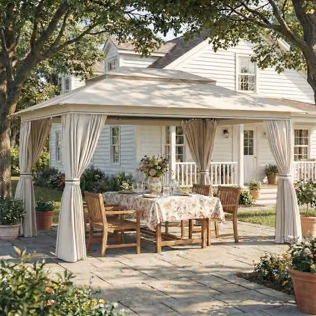 Outsunny Beige Outdoor Garden Gazebo with Netting and Curtains, W 4 m x D 3 m x H 3 m