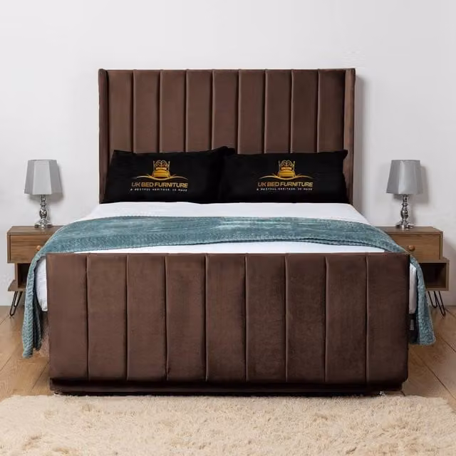 UK Bed Furniture Seoul Wingback Divan Bed Base with 54 Inch Headboard in Brown Velvet, Single, W/D/H: 90 x 190 cm