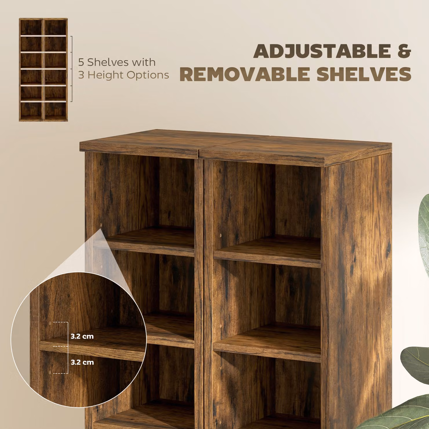 HOMCOM Set of 2 Rustic Brown CD Media Display Tower Racks with Adjustable Shelves – 4