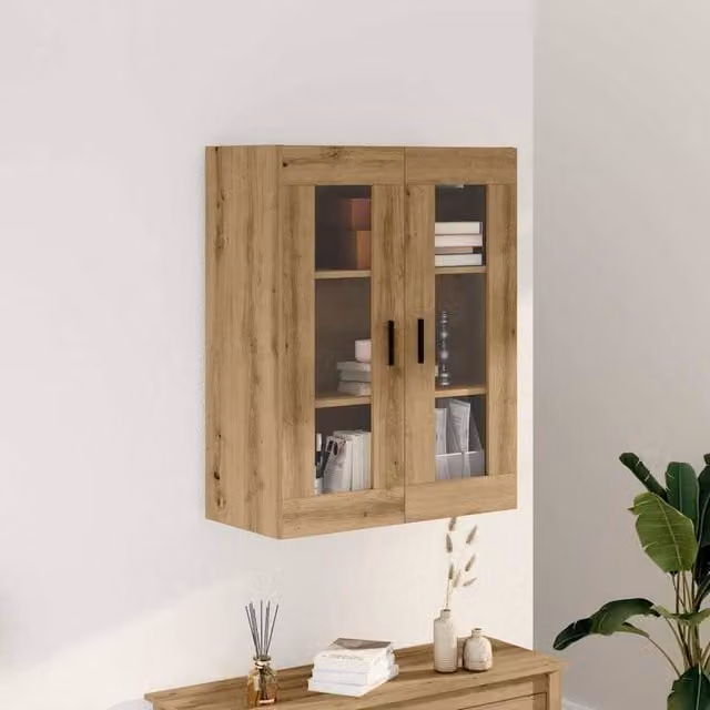Berkfield Home Artisan Oak Wall Mounted Cabinet with Glass Doors in Brown, W: 69.5 cm, D: 34 cm, H: 90 cm