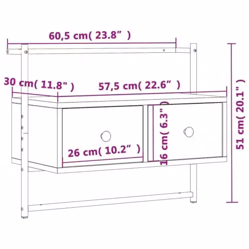 vidaXL Wall-mounted TV Cabinet in Grey Sonoma, W: 60.5 cm, D: 30 cm, H: 51 cm