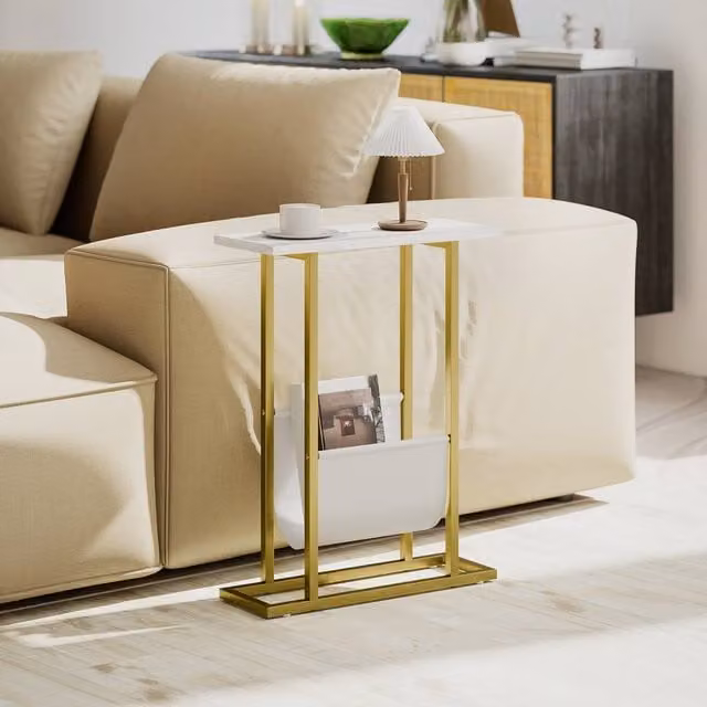HOMCOM Narrow White and Gold Side Table with Marble Effect Top and Magazine Holder – 1