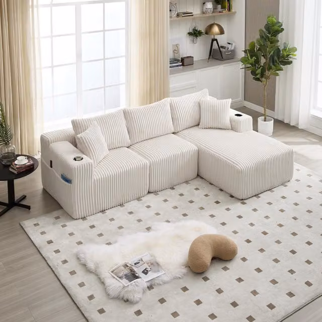 GOMYWAY Modular L-Shaped Sectional Sofa in Beige with Plush Corduroy Upholstery and High-Resilience Foam, W/D/H: 257 x 160 x 80 cm – 1
