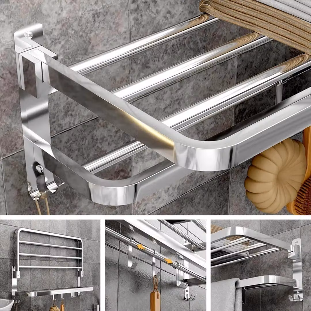 SPETLEK Double Tier Wall Mounted Towel Rail Holder in Silver – 3