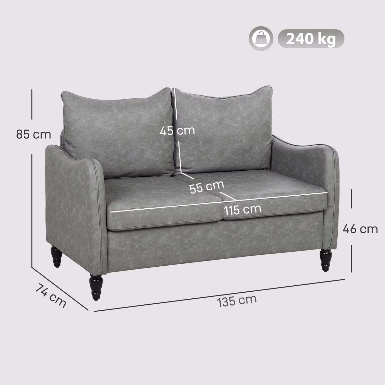 HOMCOM Modern Two-Seater Sofa in Grey Faux Leather with Marble-Effect Abstract Pattern and Scatter Cushions – 3