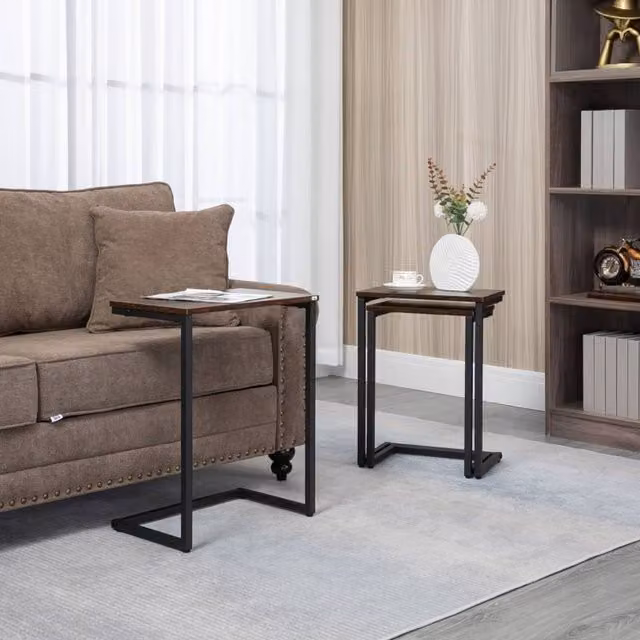 STILVORA Set of 3 Nesting Side Tables with Industrial Steel Frame in Rustic Brown and Black – 1