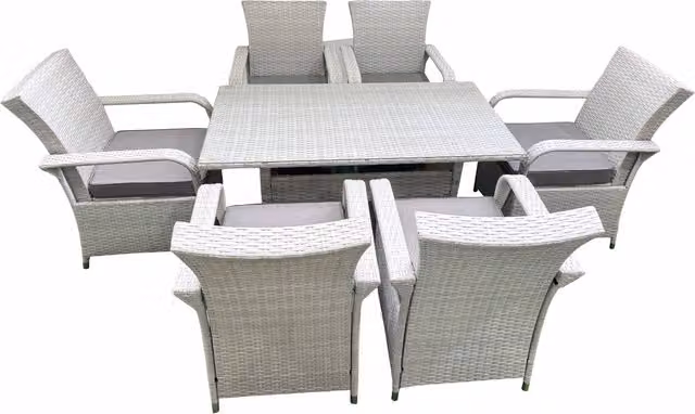 Fimous 6 Seater Rattan Garden Furniture Set with Rectangular Glass Top Dining Table and Chairs in Light Grey