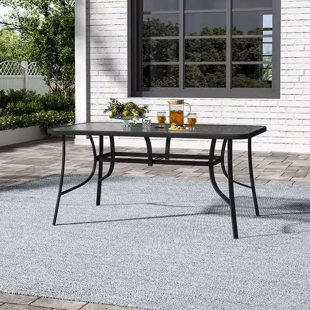 Breeins Modern Black Outdoor Garden Table with Tempered Glass and Metal Frame
