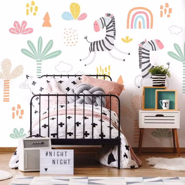 Origin Murals Dancing Zebras Animal Print Wall Mural in White and Multicolour