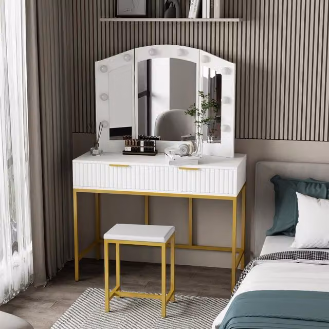 KOSY KOALA Hollywood Style Dressing Table Set with LED Mirror, Drawers and Stool in White and Gold