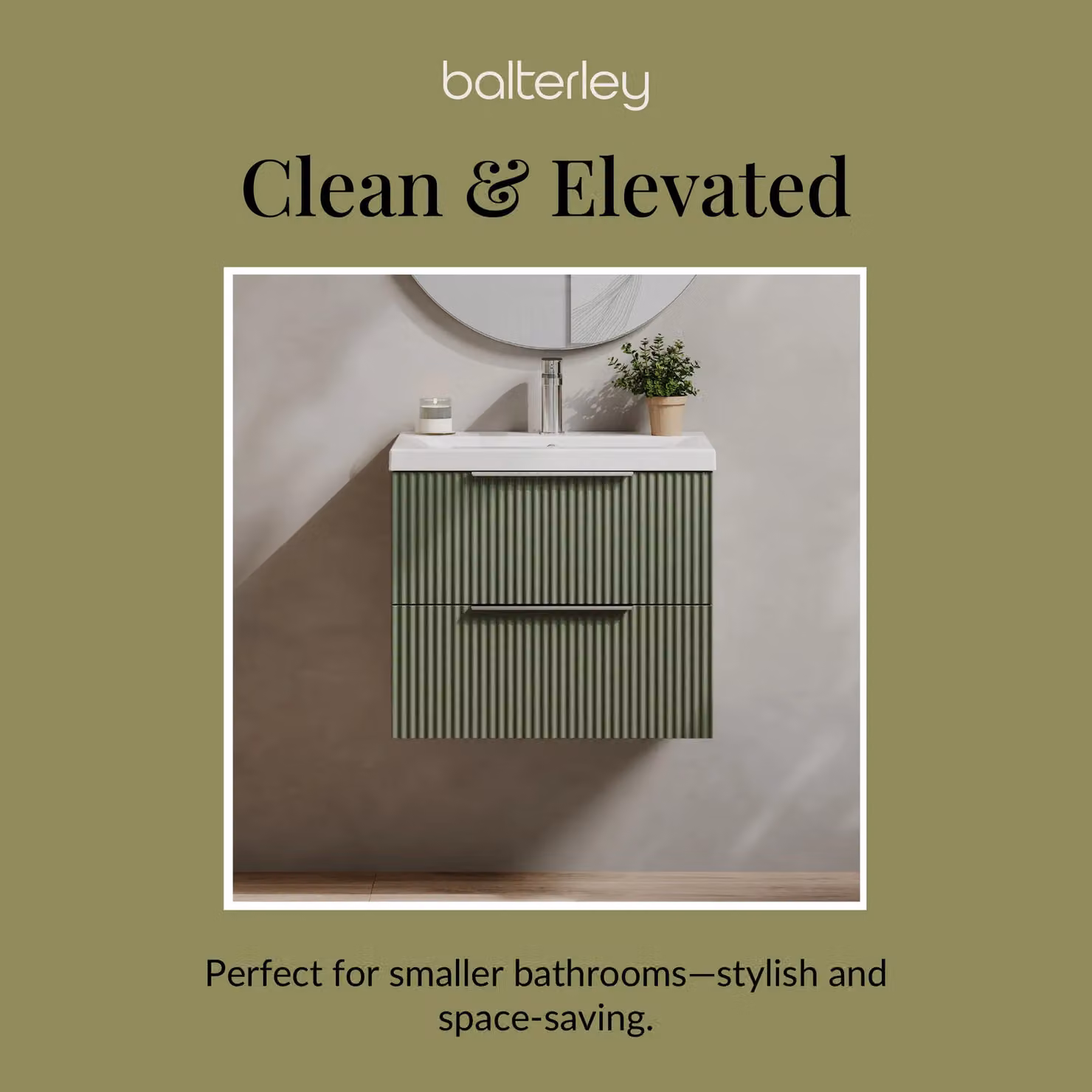 Balterley Fluted Wall Hung 2 Drawer Vanity Basin Unit and Basin, Satin Green, Width: 60 cm – 4