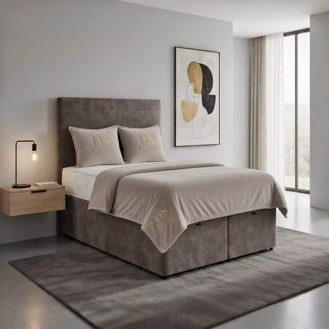 DS Living Muse Grey Velvet Upholstered Divan Bed with Drawers, W/D/H: 200 x 200 cm
