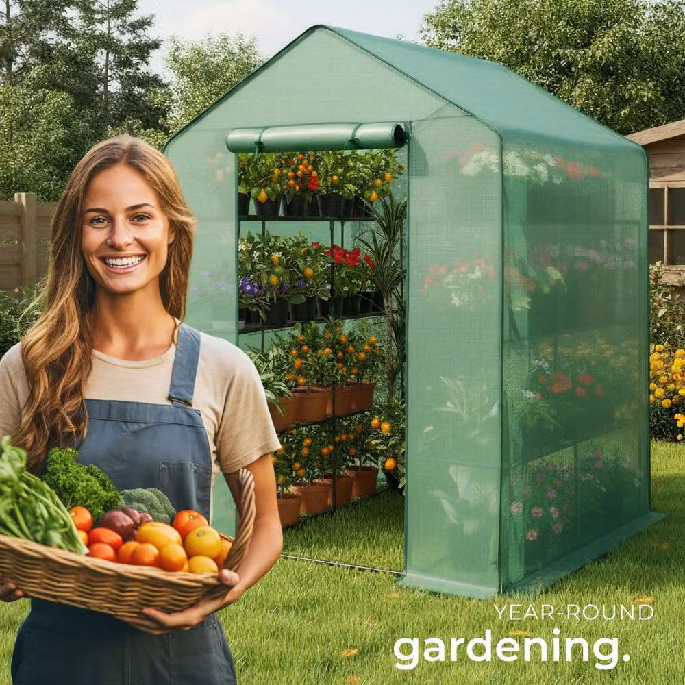 tectake Greenhouse with 16 Shelves and Tarpaulin Cover, Green, W/D/H: 143 x 143 x 195 cm – 4
