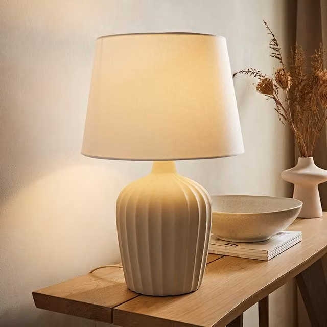 ValueLights Serena Ribbed Ceramic Table Lamp with Fabric Shade and LED Bulb in Beige