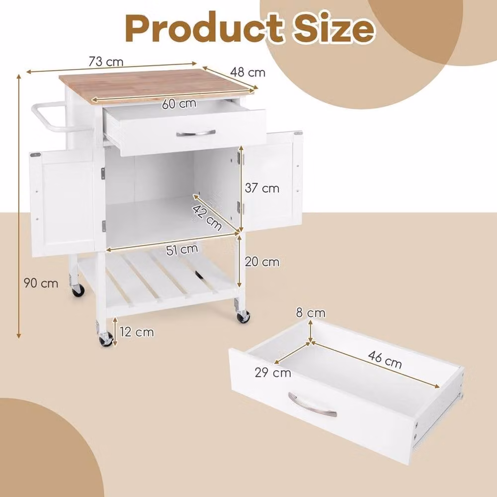 KORVIXA Mobile Rolling Kitchen Island Serving Cart in White with Rubberwood, W: 60 cm, H: 75 cm – 2