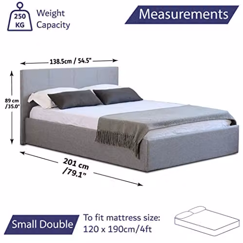 Home Treats Small Double Side Lift Ottoman Bed Frame in Grey Linen Upholstery, W/D/H: 120 x 200 x 89 cm – 2