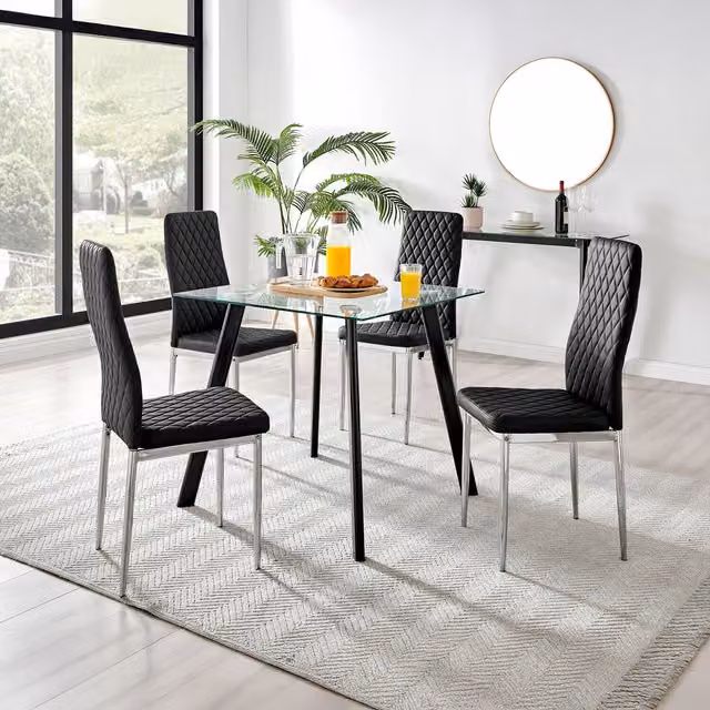 FurnitureboxUK Seattle Square Glass Dining Table with 4 Milan Chrome Leg Chairs in Black and Transparent