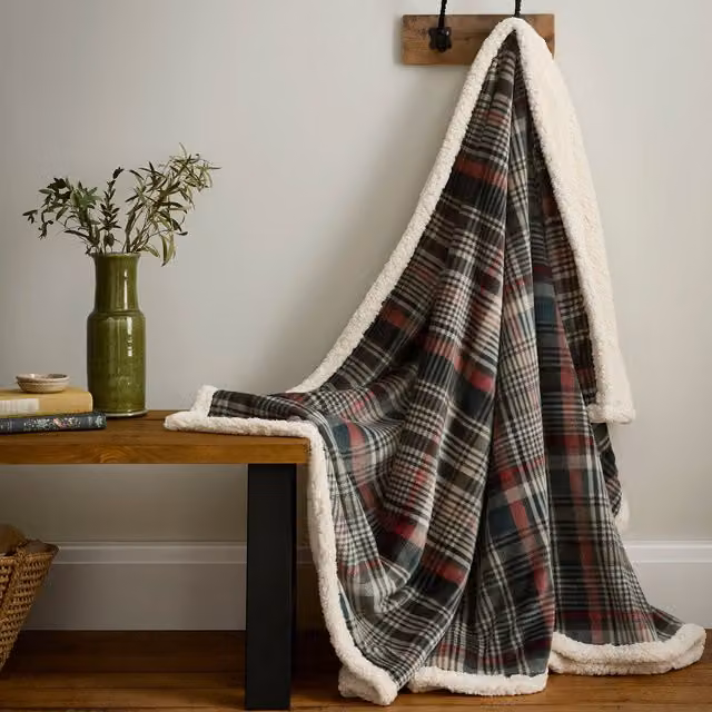 Dreams & Drapes Bennet Check Reversible Fleece and Sherpa Throw, Green, W: 150 cm, D: 200 cm
