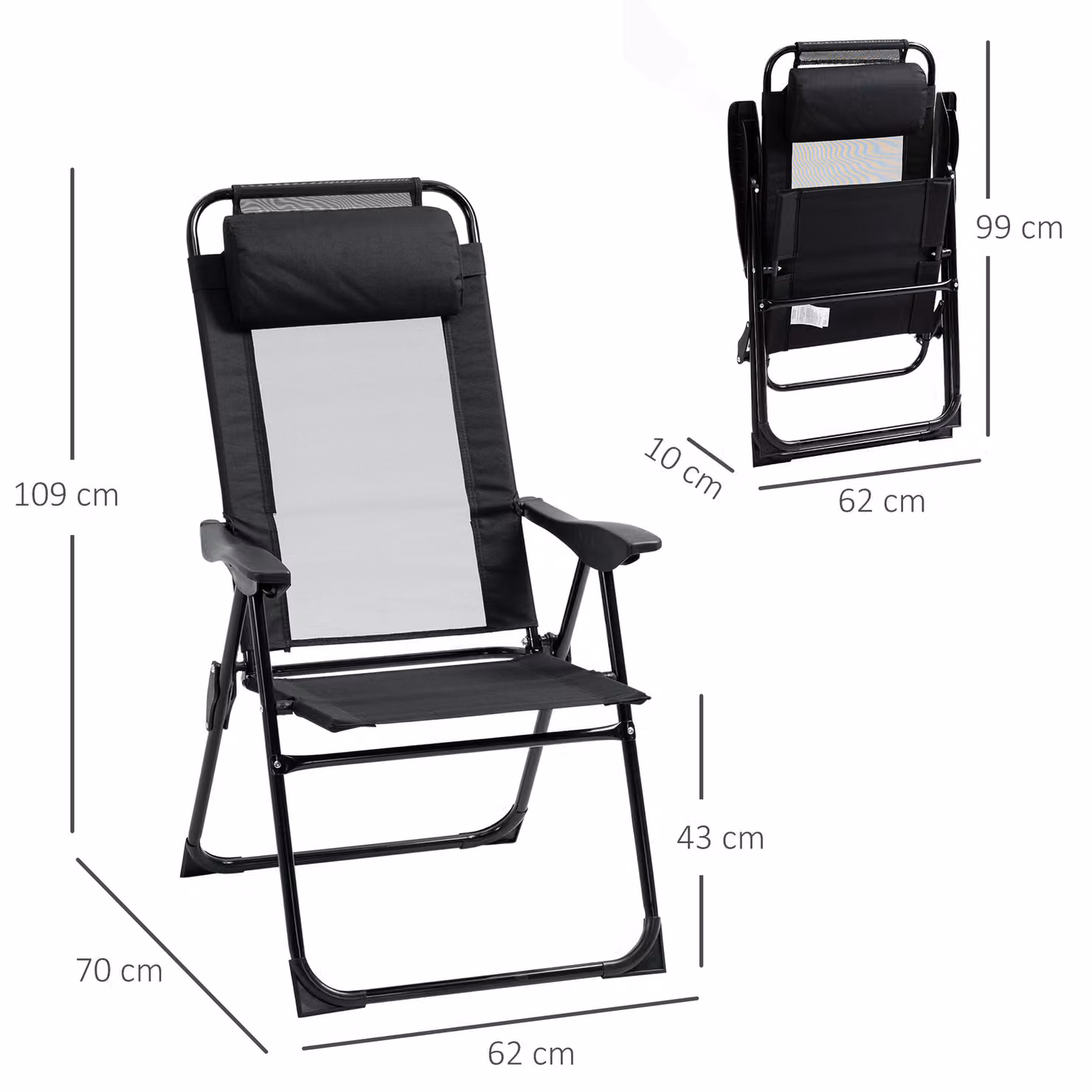 Outsunny Set of 2 Black Portable Folding Recliner Outdoor Patio Chaise Lounge Chairs with Adjustable Backrest and Armrests – 3