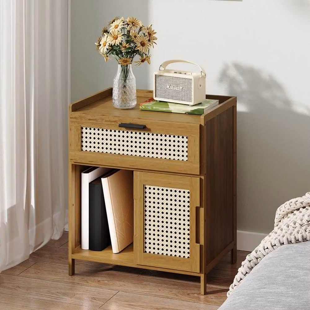 KORVIXA Natural Wood Bedside Table Cabinet with Storage Drawer in Brown – 4