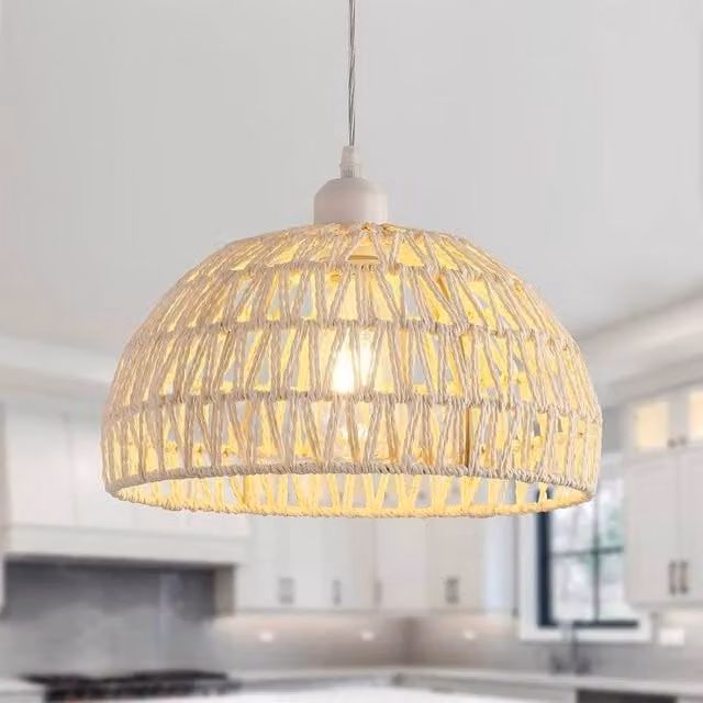 Goeco White Rattan Boho Pendant Light, Adjustable Suspended Chandelier with E27 Socket