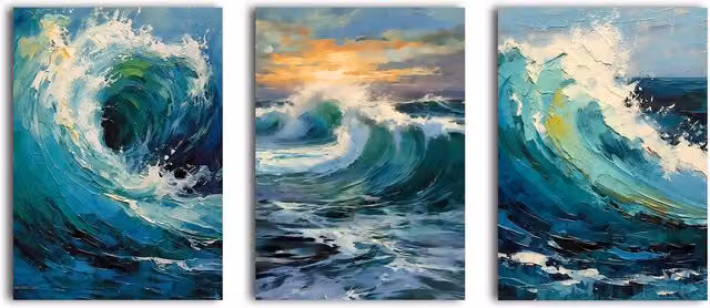 Simpa Waves of the Sea 3 Panel Canvas Wall Art, Multicolour Blue Maritime Landscape, W/H: 120 x 60 cm – 5