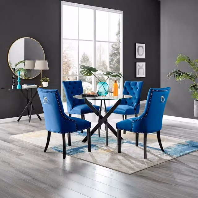 FurnitureboxUK Leonardo Blue Glass Rectangular Dining Table with 4 Belgravia Black Leg Chairs