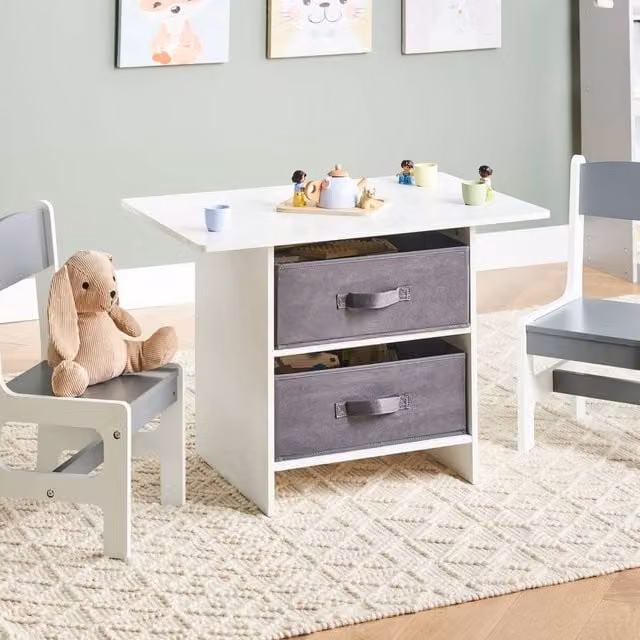 Wyld and Coco Kids 2-Seater Table and Chairs Set in White and Grey MDF