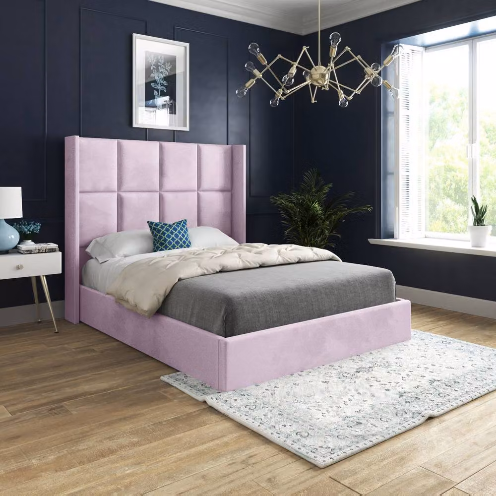 Casani Riversdale Modern Upholstered Velvet Designer Bed Frame in Pink, W/D/H: 180 x 200 x 137 cm – 2