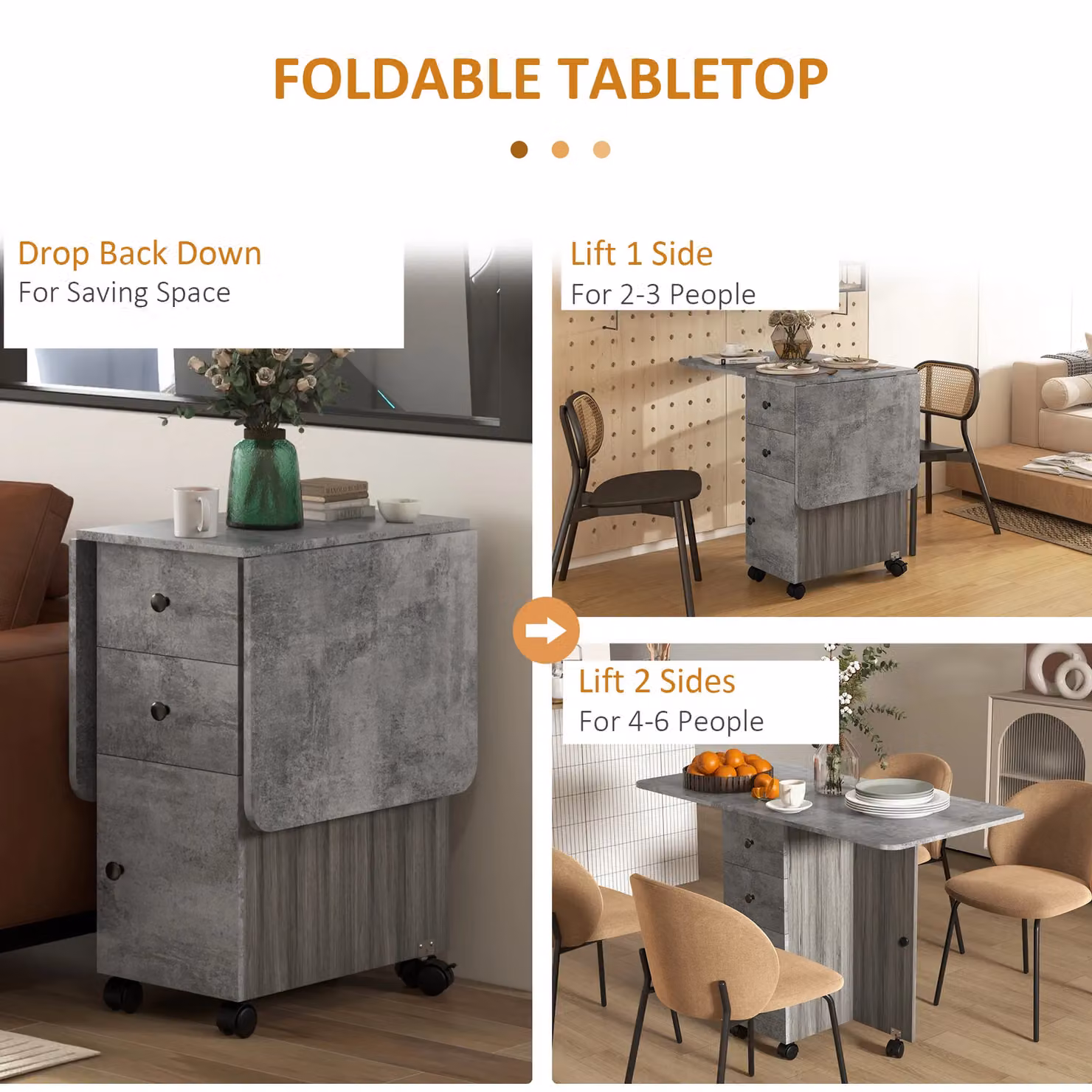 HOMCOM Folding Drop Leaf Dining Table with Storage Drawers and Castors in Grey – 4