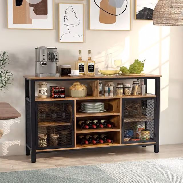 COSTWAY Industrial Wood Wine Bar Cabinet and Buffet Sideboard in Brown