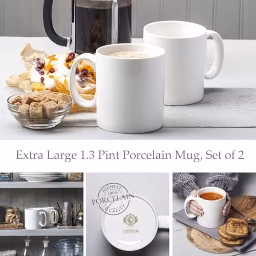 WM Bartleet & Sons 1750 Set of 2 Extra Large White Porcelain Mugs, 740ml – 2