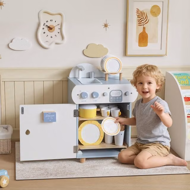 AIYAPLAY Wooden Dishwasher Pretend Play Kitchen Playset for Kids, Blue