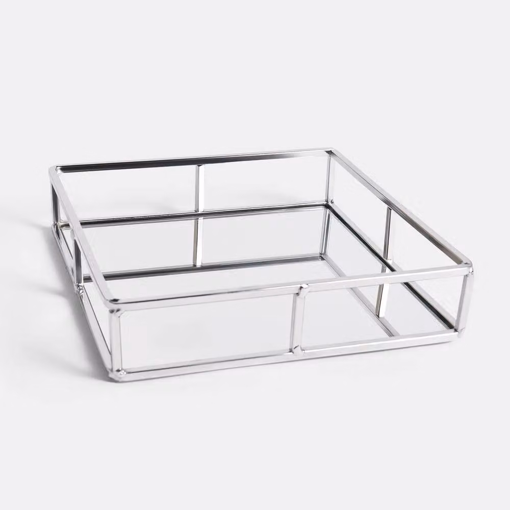OHS Modern Square Mirrored Storage Tray with Metal Frame in Silver, W: 21 cm – 3