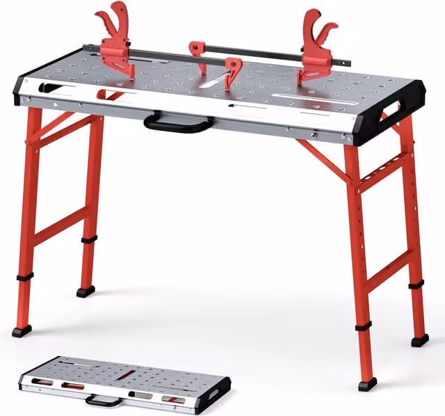COSTWAY Heavy-Duty Welding Workbench in Silver and Red, Made of Galvanised Steel