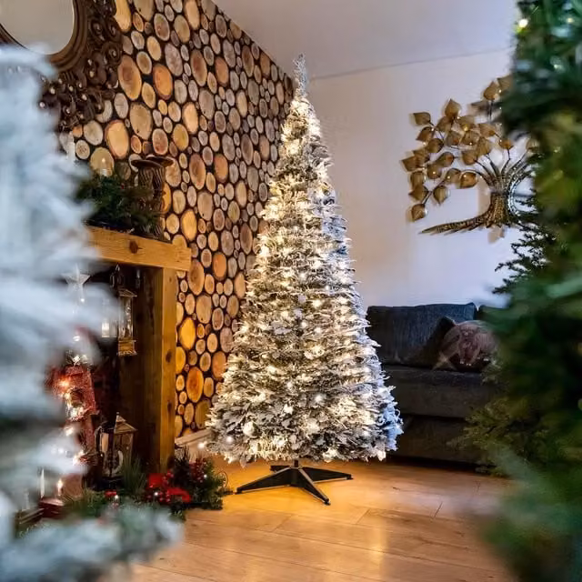 Shatchi 5ft Prelit Holly Flock Pop Up Christmas Tree with Warm White LED Lights and Baubles, White – 1