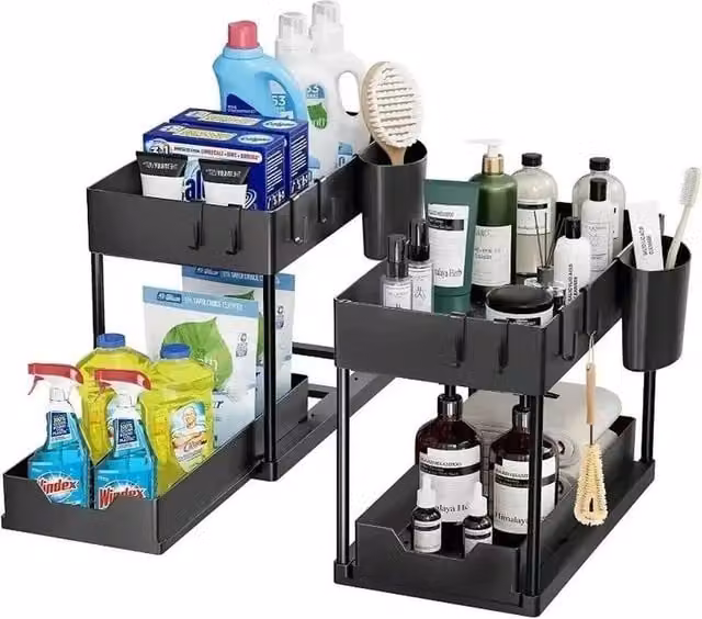 FORGEVIO 2 Tier Under Sink Organiser Sliding Storage Rack, Black, W/D/H: 36.0 x 39.5 x 0 cm
