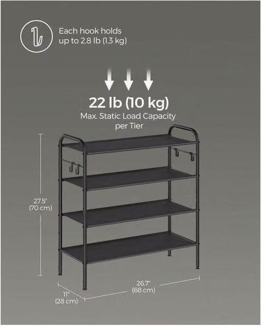 SONGMICS 4-Tier Adjustable Shoe Rack with Hooks in Black