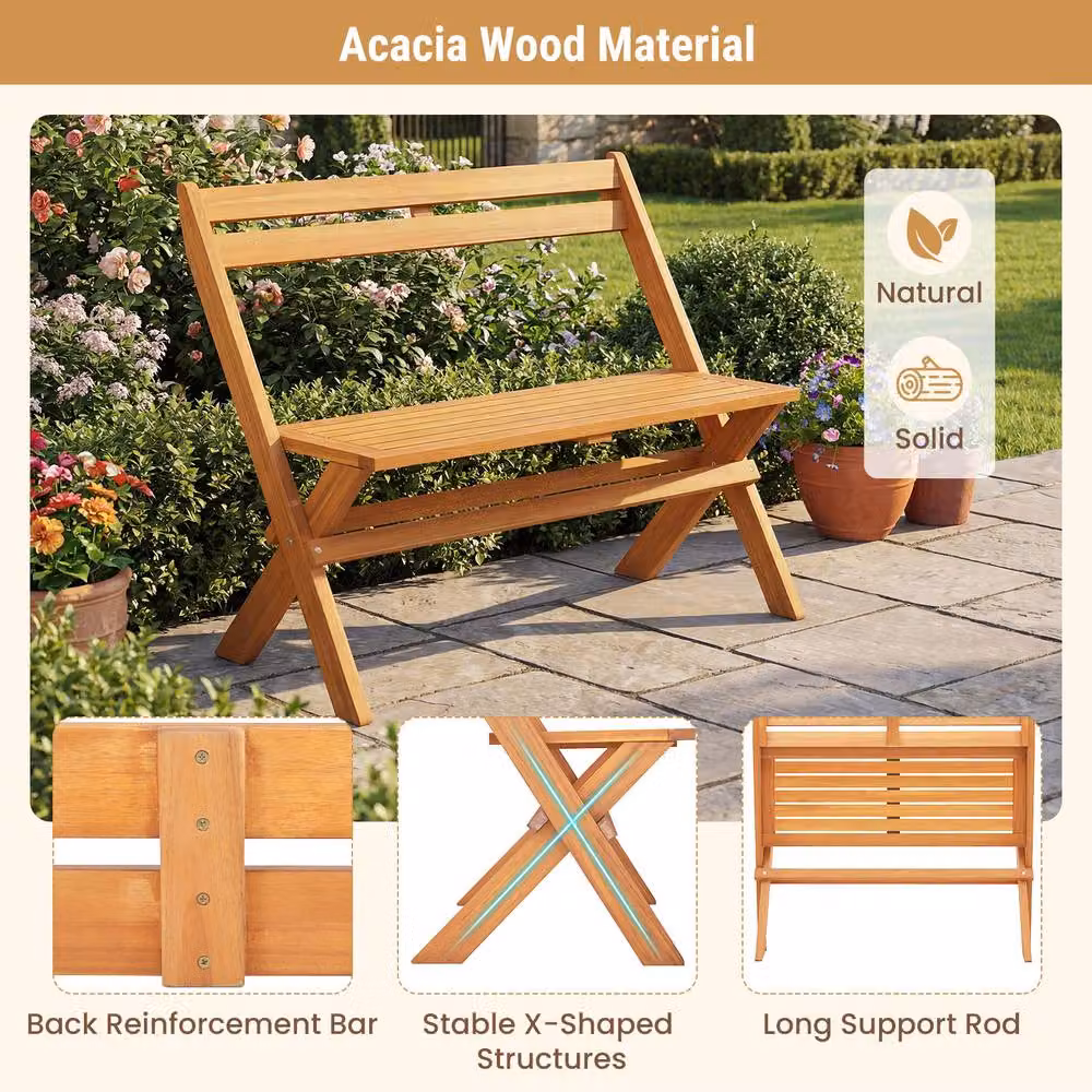 Costway Folding Acacia Wood Outdoor Bench for 2 People with Backrest and Slatted Seat in Natural Brown – 4