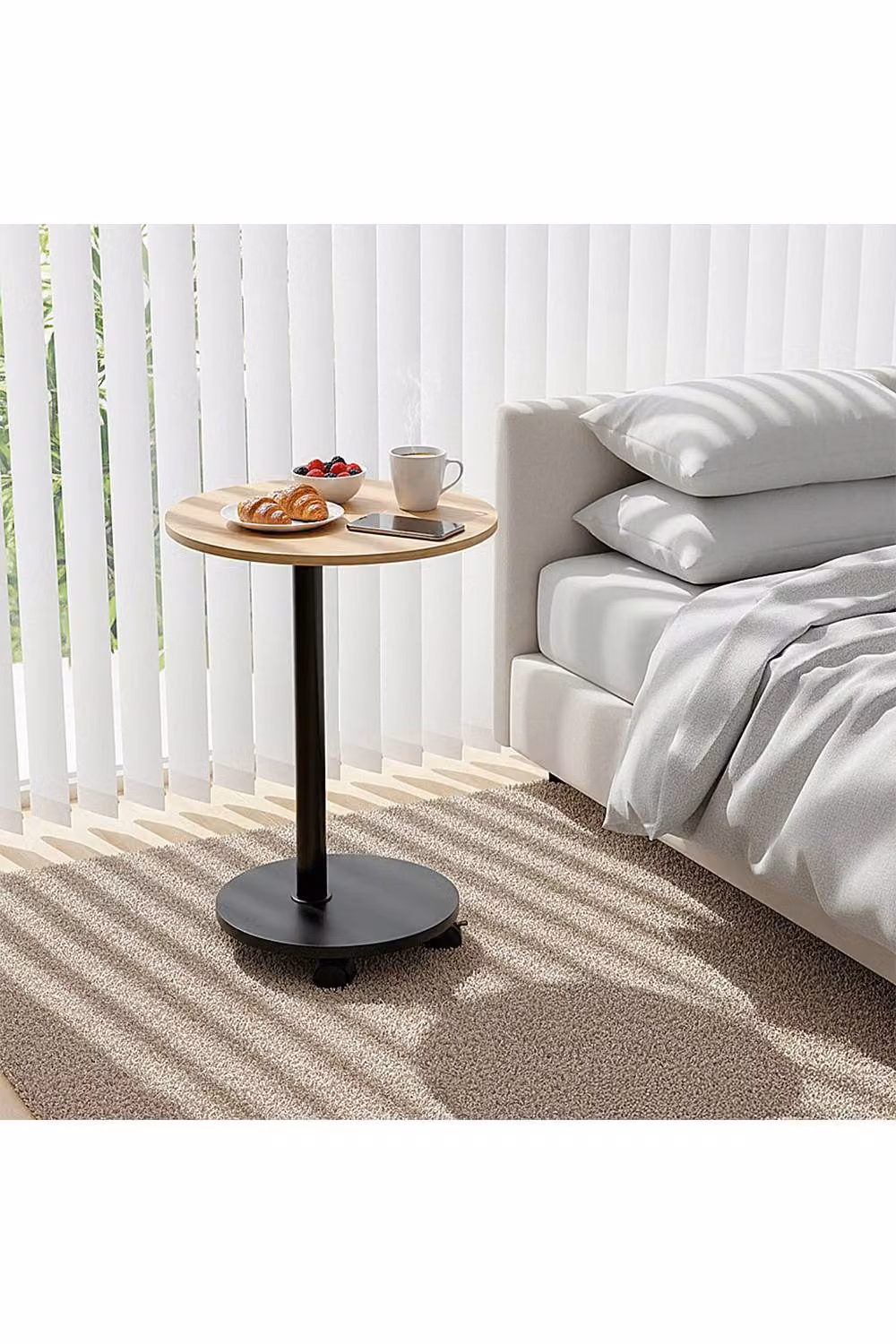 Living and Home Modern Round Side Table with Lockable Castors in Sand – 2
