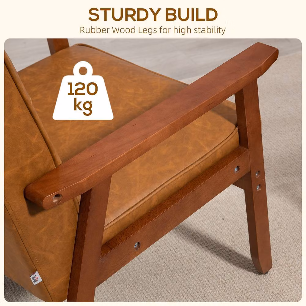 STILVORA Retro Armchair with Brown PU Leather Upholstery and Solid Rubberwood Frame – 5